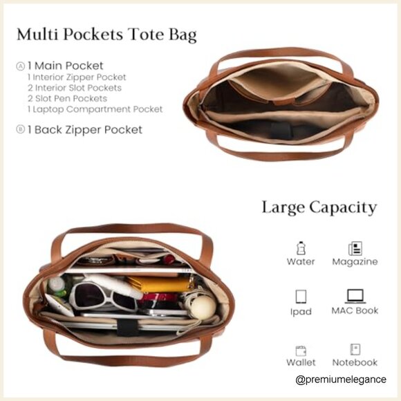 Genuine Leather Tote Bag with Laptop Compartment for Work & Travel